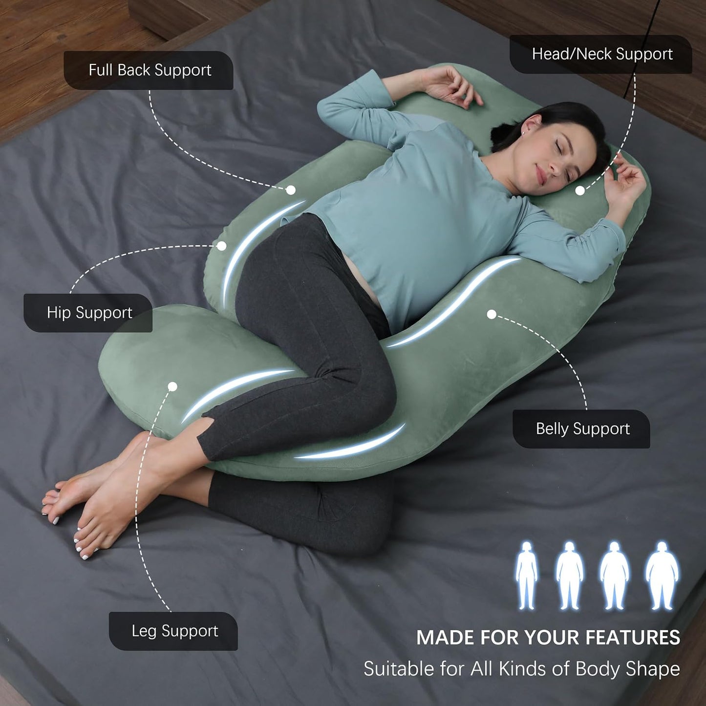 MOON PARK Pregnancy Pillows for Sleeping - 57 Inch U Shaped Full Body Maternity Pillow with Removable Cover - Support for Back, Legs, Belly, Hips - Pregnancy Pillow for Women - Grey