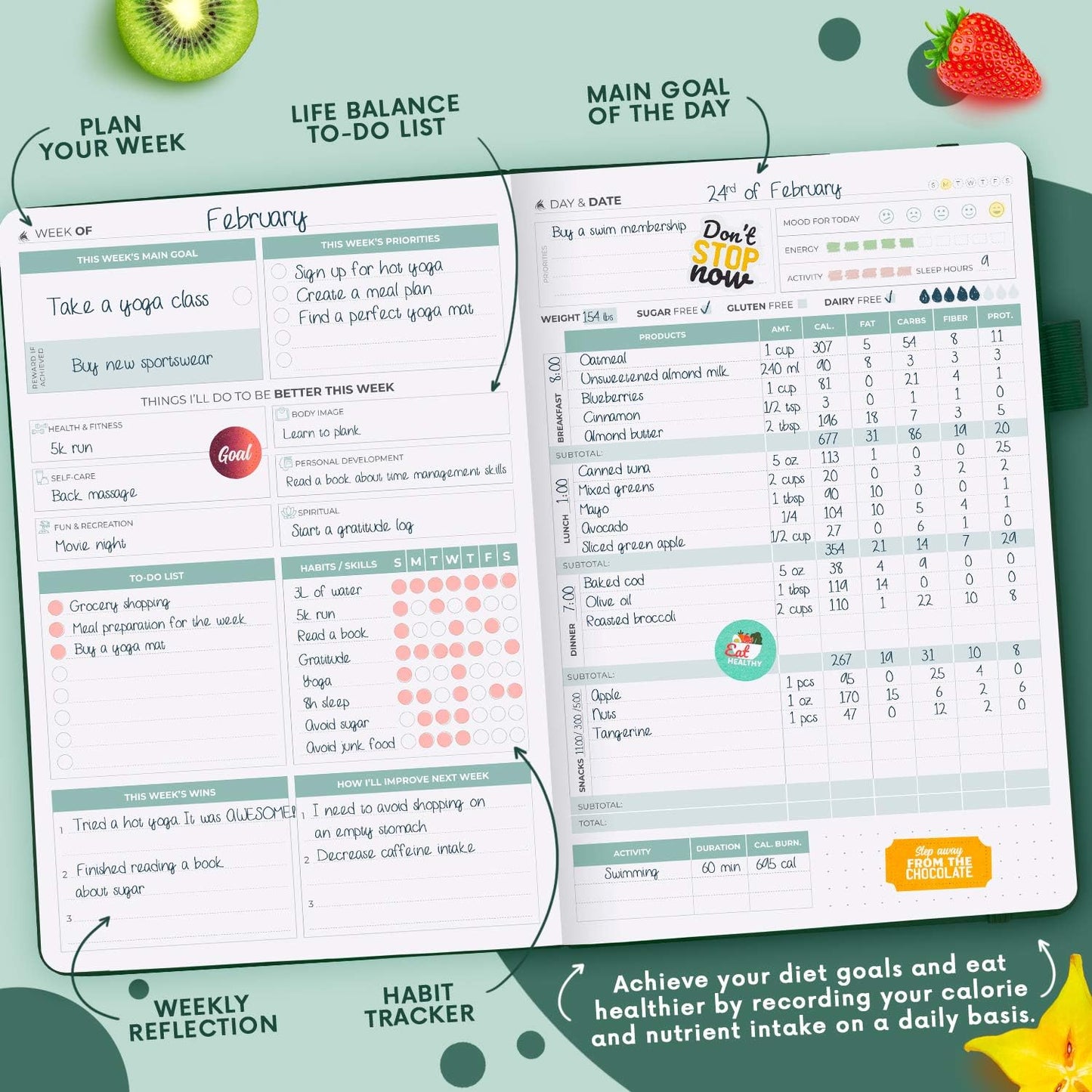 Clever Fox Wellness Planner & Food Journal for Weight Loss, A5 Orange | 5.8"x8.3" nutrition & exercise tracker for women tracking meals, diet & symptom diary, calorie counter notebook, stickers