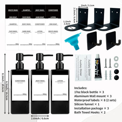 Shampoo Dispenser for Shower Wall, Shampoo and Conditioner Dispenser with 16 Waterproof Labels, No Drill Shower Soap Dispenser Bathroom, Shower Soap Dispenser Wall Mounted 3 Chamber, 17oz,Black | Shampoo Dispenser for Shower Wall, Shower Soap Dispenser
