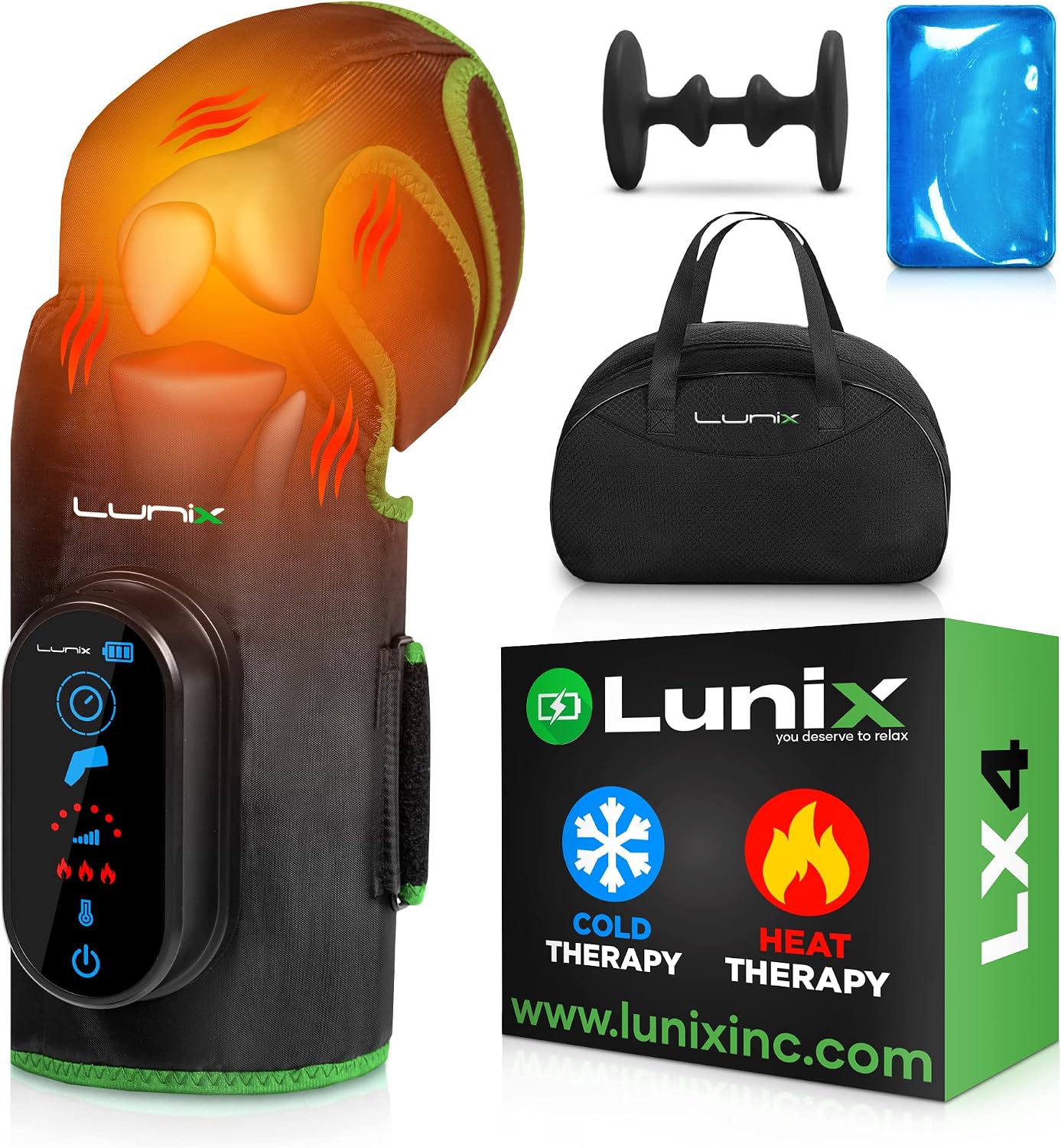 Lunix LX4 FSA Cordless Knee Massager with Heat, Compression & Vibration, Rechargeable Wrap for Knee, Calf & Thigh, Hot/Cold Therapy Option, Touchscreen Control for Everyday Comfort, Charcoal Black