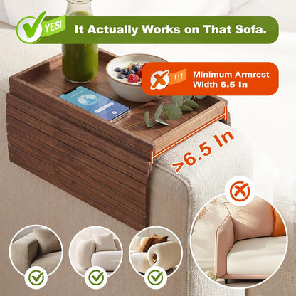 Sofa Arm Tray, Fits 6.5"+ Couch Armrest, Foldable Bamboo Large Storage Tray | Sturdy 12.5" x 5.8" Storage Compartment, Portable Chair Couch Caddy Arm Tray, For Cup TV Snacks Phone