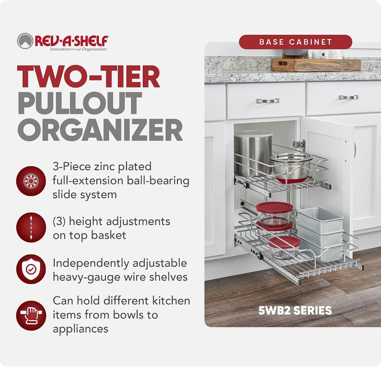 Rev-A-Shelf Pullout Organizer for Cabinets, Min Opening Width of 18" | STwo-Tier Steel Shelf for Kitchen or Vanity Cabinet Organization, Heavy Gauge Wire Slide Out Storage Basket, 5WB2-1822CR-1
