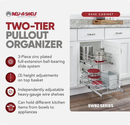 Rev-A-Shelf Pullout Organizer for Cabinets, Min Opening Width of 18" | STwo-Tier Steel Shelf for Kitchen or Vanity Cabinet Organization, Heavy Gauge Wire Slide Out Storage Basket, 5WB2-1822CR-1