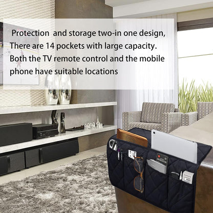 Armchair Caddy for Recliner - Sofa Armrest Organizer with 14 Pockets | Waterproof Remote Control Holder for Recliner, Non-Slip Chair Arm Storage for TV Remote, Phone, Books, Magazine, iPad