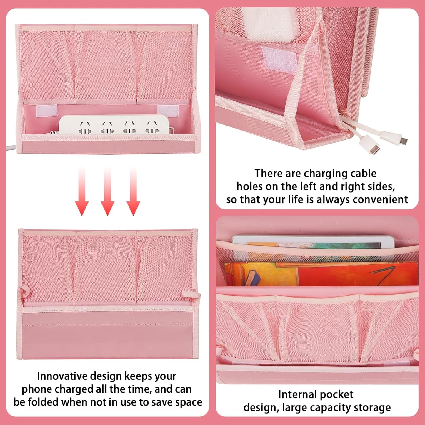Bedside Caddy Organizer for Dorm Bed Rails with 7 Pockets, Gray | Bed Pockets Bedside Storage with Power Strip Holder & 2 Adjustable Straps for Home, College, Dorm, Hospital Bedside Organizer