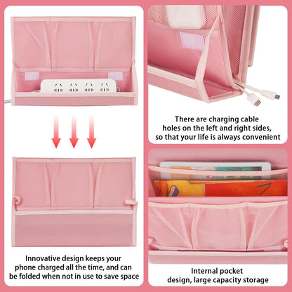 Bedside Caddy Organizer for Dorm Bed Rails with 7 Pockets, Gray | Bed Pockets Bedside Storage with Power Strip Holder & 2 Adjustable Straps for Home, College, Dorm, Hospital Bedside Organizer