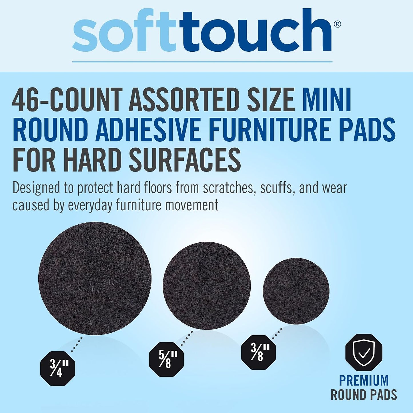 SoftTouch Assorted Size Round Mini Self-Stick Furniture Slider Felt Pads for Hard Surfaces, Noise-Reducing Adhesive Furniture Moving Pads for Beds, Sofas, Dressers, 46-Count, Brown
