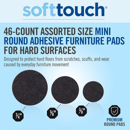 SoftTouch Assorted Size Round Mini Self-Stick Furniture Slider Felt Pads for Hard Surfaces, Noise-Reducing Adhesive Furniture Moving Pads for Beds, Sofas, Dressers, 46-Count, Brown