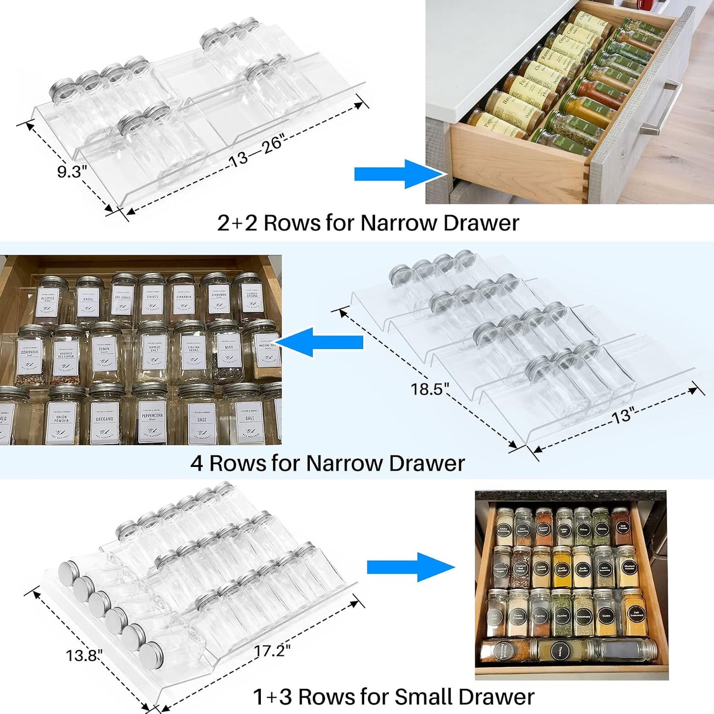 Antimbee Spice Drawer Organizer, 4 Tier- 8 Pack Kitchen Spice Rack Tray for Drawer, Expandable From 13" to 26" Acrylic Seasoning Organizer Rack Holds up 56 Spice Jars (Jars not Include)