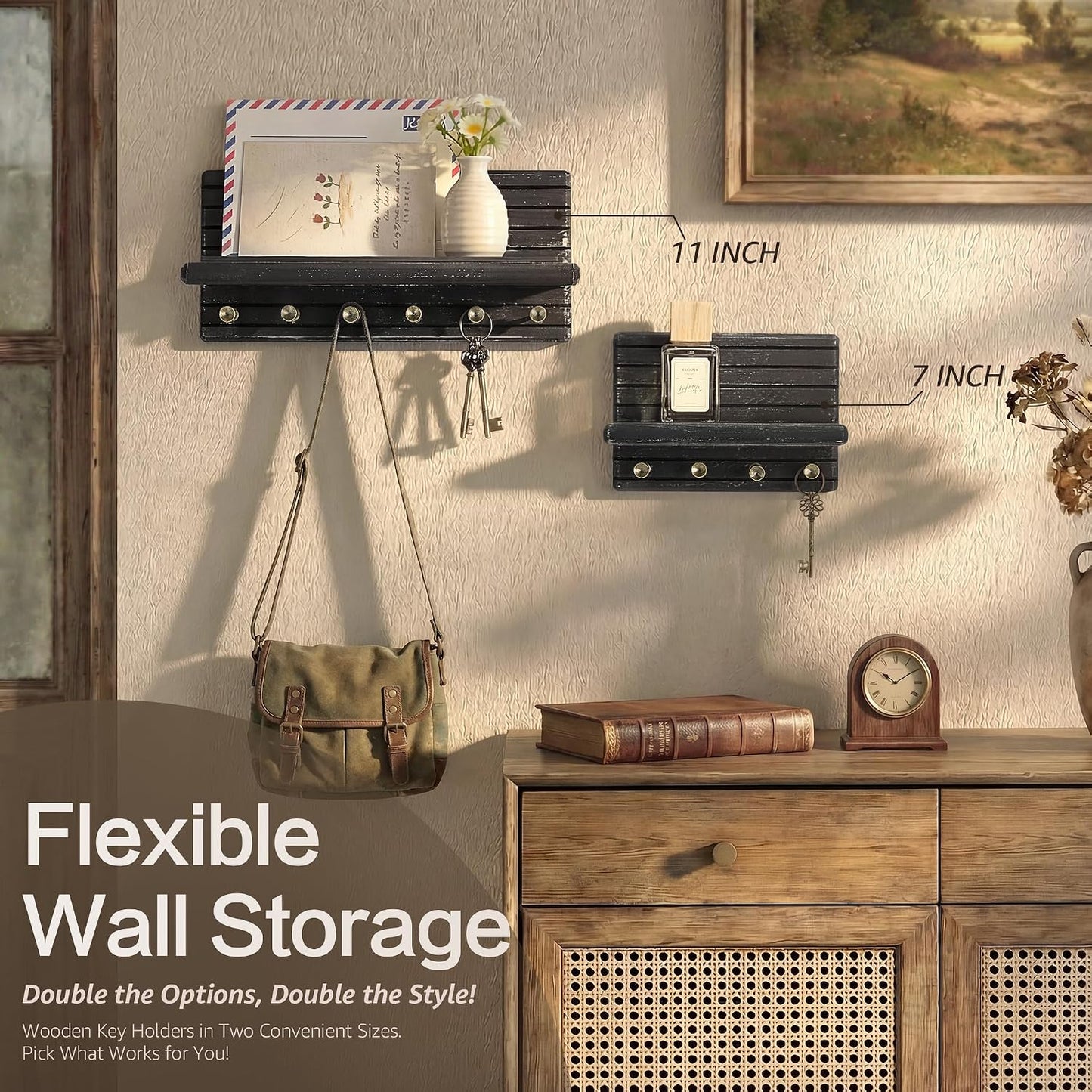 Rebee Vision Pine Wood Key Holder Wall Mount with Shelf for Entryway, Brown | 6 Key Hooks, Round Corner, Smooth&Hand-Friendly, Clear Wood Texture, Space-Saving Design, Organize Mail & Letter