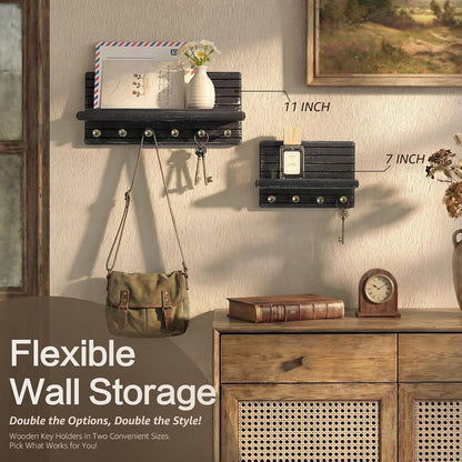 Rebee Vision Pine Wood Key Holder Wall Mount with Shelf for Entryway, Brown | 6 Key Hooks, Round Corner, Smooth&Hand-Friendly, Clear Wood Texture, Space-Saving Design, Organize Mail & Letter