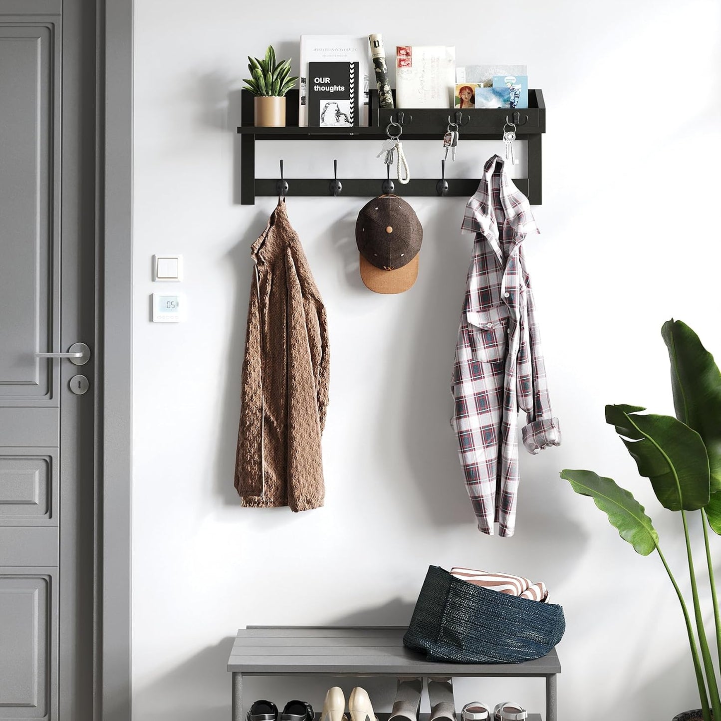 AMBIRD Wall Hooks with Shelf, 26.57 Inch Entryway Wood Coat Hooks for Wall with Shelf, Coat Rack Wall Mount with 5 Dual Hooks 3 Key Hooks Mail Organizer and Key Rack Holder (Brown)