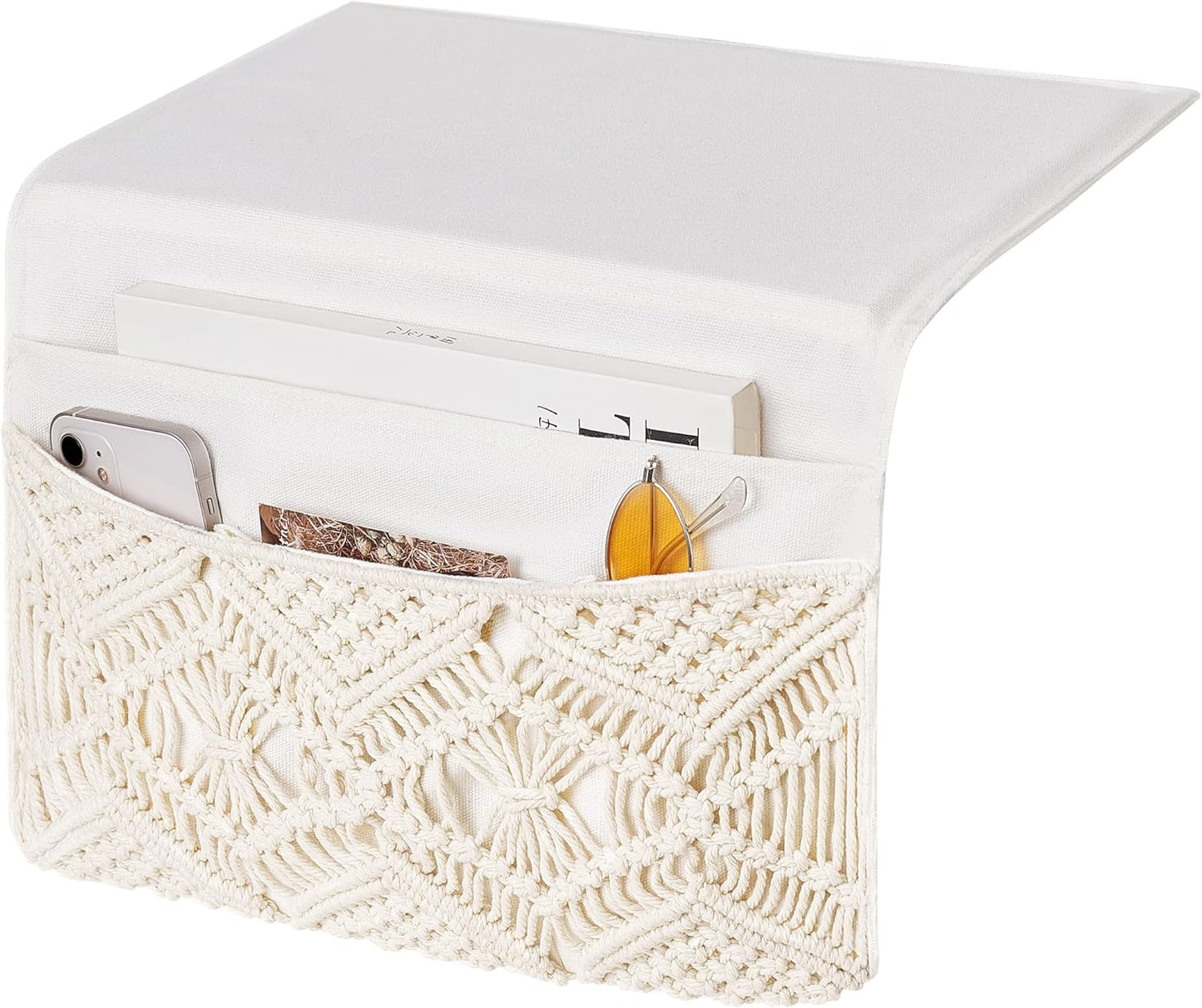 Mkono Macrame Bedside Caddy, Boho Bed Storage Organizer, 4 Pockets Ivory | Dorm Room Bed Caddy, Home Decor, Remote Control Magazine Glasses, Bedroom Living Room, Non-Slip, Space Saving Holder