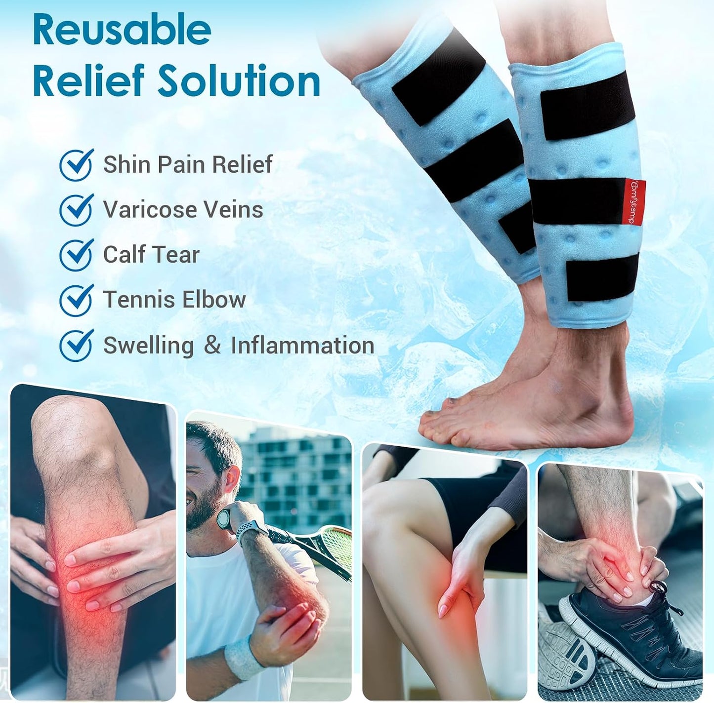Comfytemp Large Knee Ice Pack Wrap Reusable Gel, FSA Eligible HSA, Full Coverage Knee Cold Compression Brace for Injuries, Pain Relief, Replacement Recovery, Arthritis, Surgery, Women Men Gift