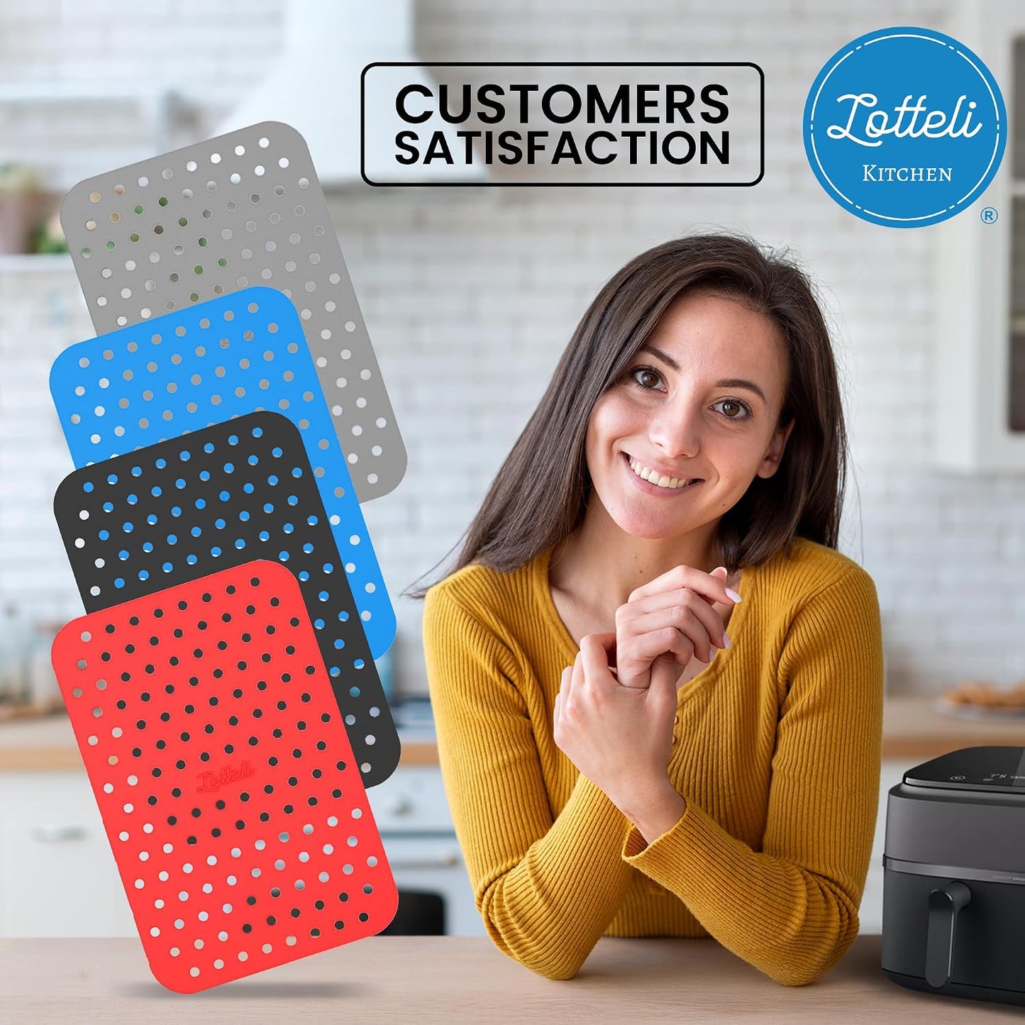 Lotteli Kitchen Reusable Air Fryer Liners, Rectangle, 4 Pack | Air Fryer Accessorie - 5.25 x 8in Silicone Liners for Dual Baskets - Non-Stick, No More Scrubbing