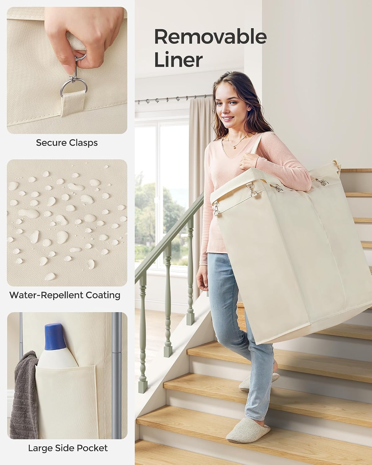 SONGMICS Laundry Basket with Wheels, 4-Section Rolling Laundry Hamper, 68.6 Gallons (260 L), Removable Liner, Steel Frame with Handle, 43.3 x 15.4 x 31.9 Inches, Cream White URLS014W01