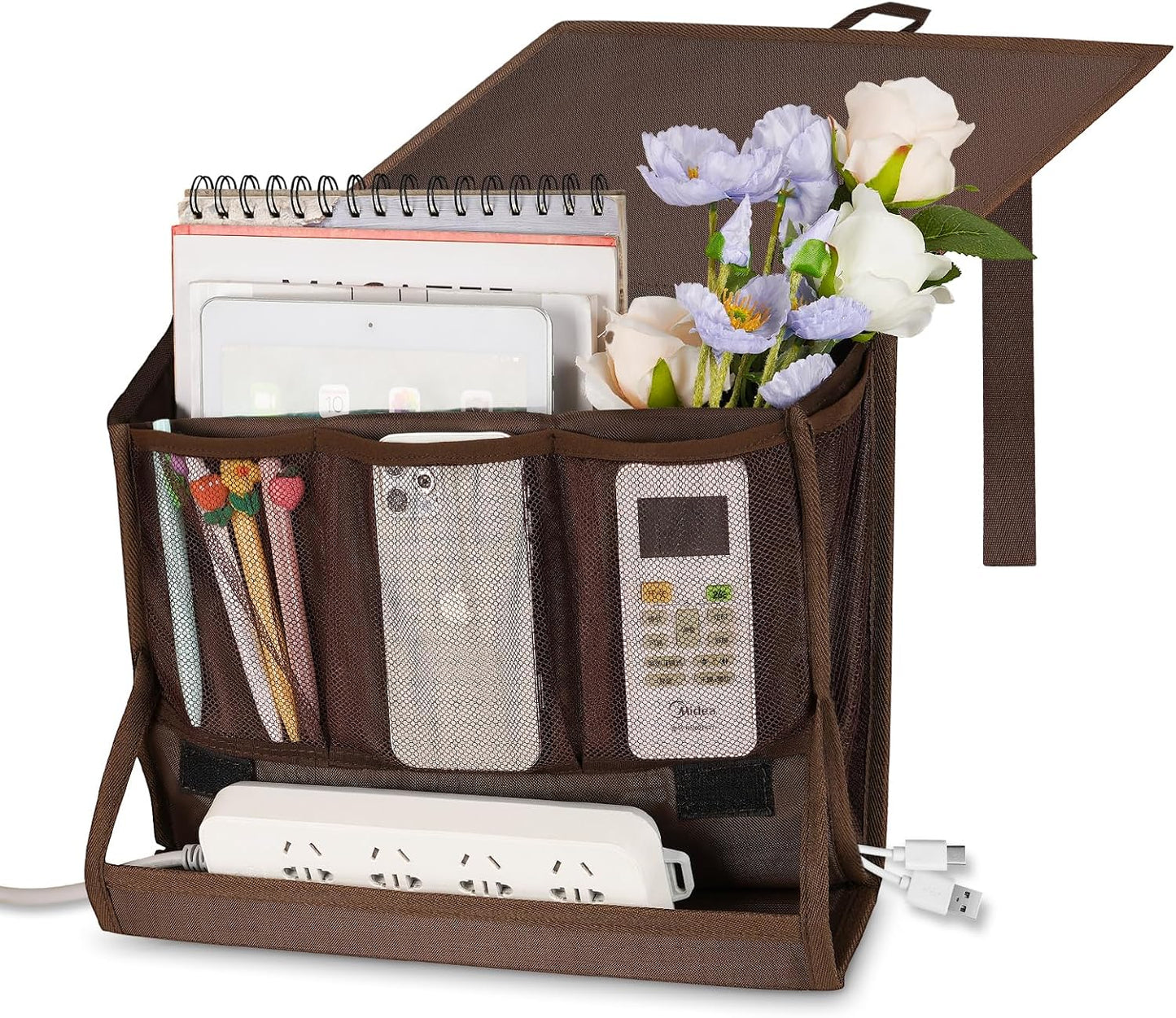Bedside Caddy Organizer for Dorm Bed Rails with 7 Pockets, Gray | Bed Pockets Bedside Storage with Power Strip Holder & 2 Adjustable Straps for Home, College, Dorm, Hospital Bedside Organizer