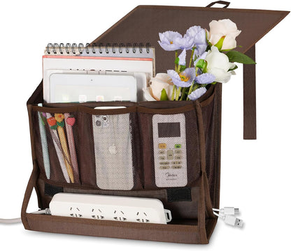 Bedside Caddy Organizer for Dorm Bed Rails with 7 Pockets, Gray | Bed Pockets Bedside Storage with Power Strip Holder & 2 Adjustable Straps for Home, College, Dorm, Hospital Bedside Organizer
