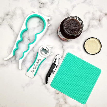 Jar Opener for Weak Hands, Seniors with Arthritis, 5 in 1 Bottle Opener | Multi-use Lid Opener Set with Non-slip Rubber Gripper Pad & Wine Opener, Great for Senior Parents, Grandparents or Loved Ones