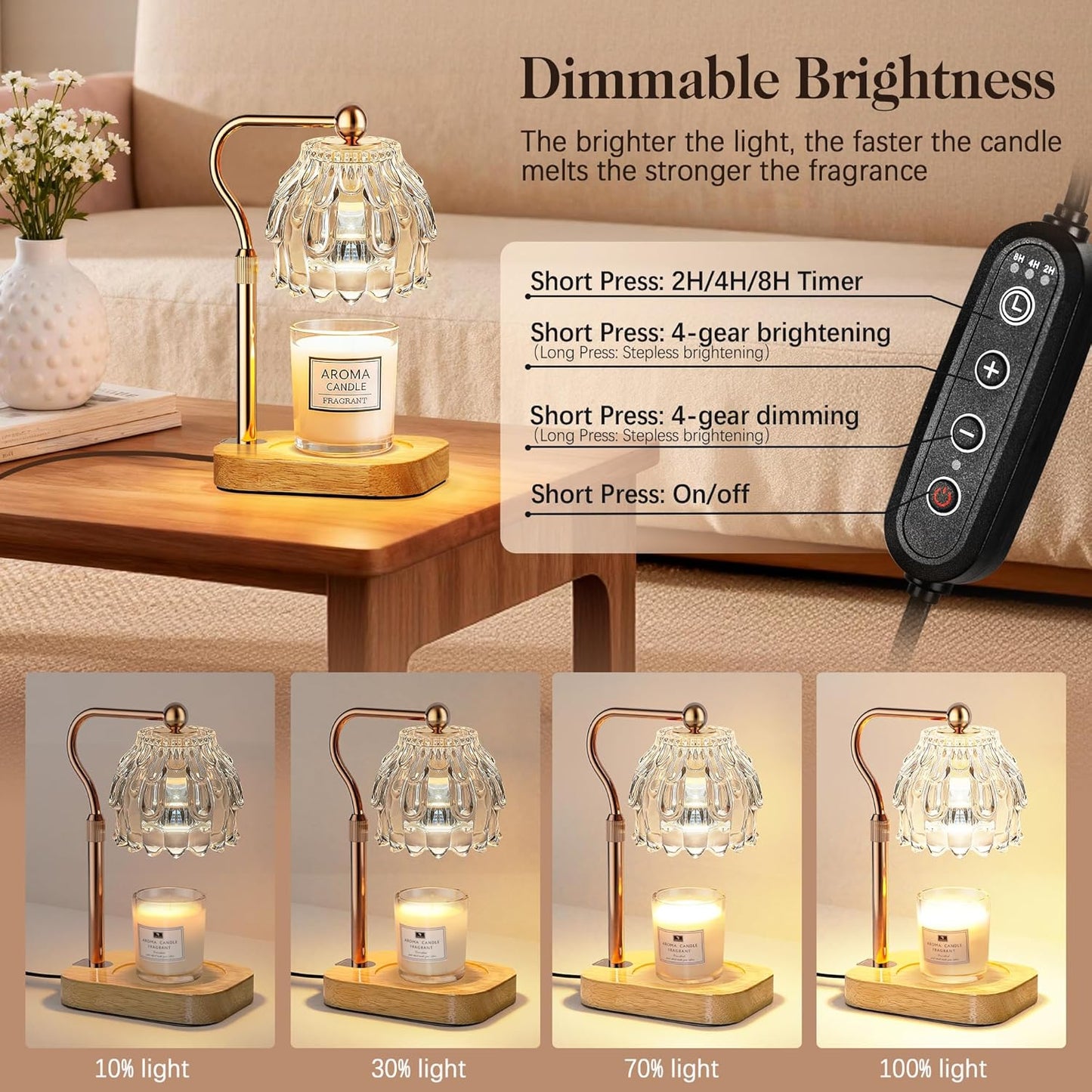 Candle Warmer Lamp with Timer Dimmer, Modern Wax Warmer for Scented Wax Jar Candle Warmer with 2 Bulbs, Adjustable Height Glass Lamp for Gifts for Women, Home Decor, Gold Amber