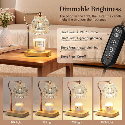 Candle Warmer Lamp with Timer Dimmer, Modern Wax Warmer for Scented Wax Jar Candle Warmer with 2 Bulbs, Adjustable Height Glass Lamp for Gifts for Women, Home Decor, Gold Amber