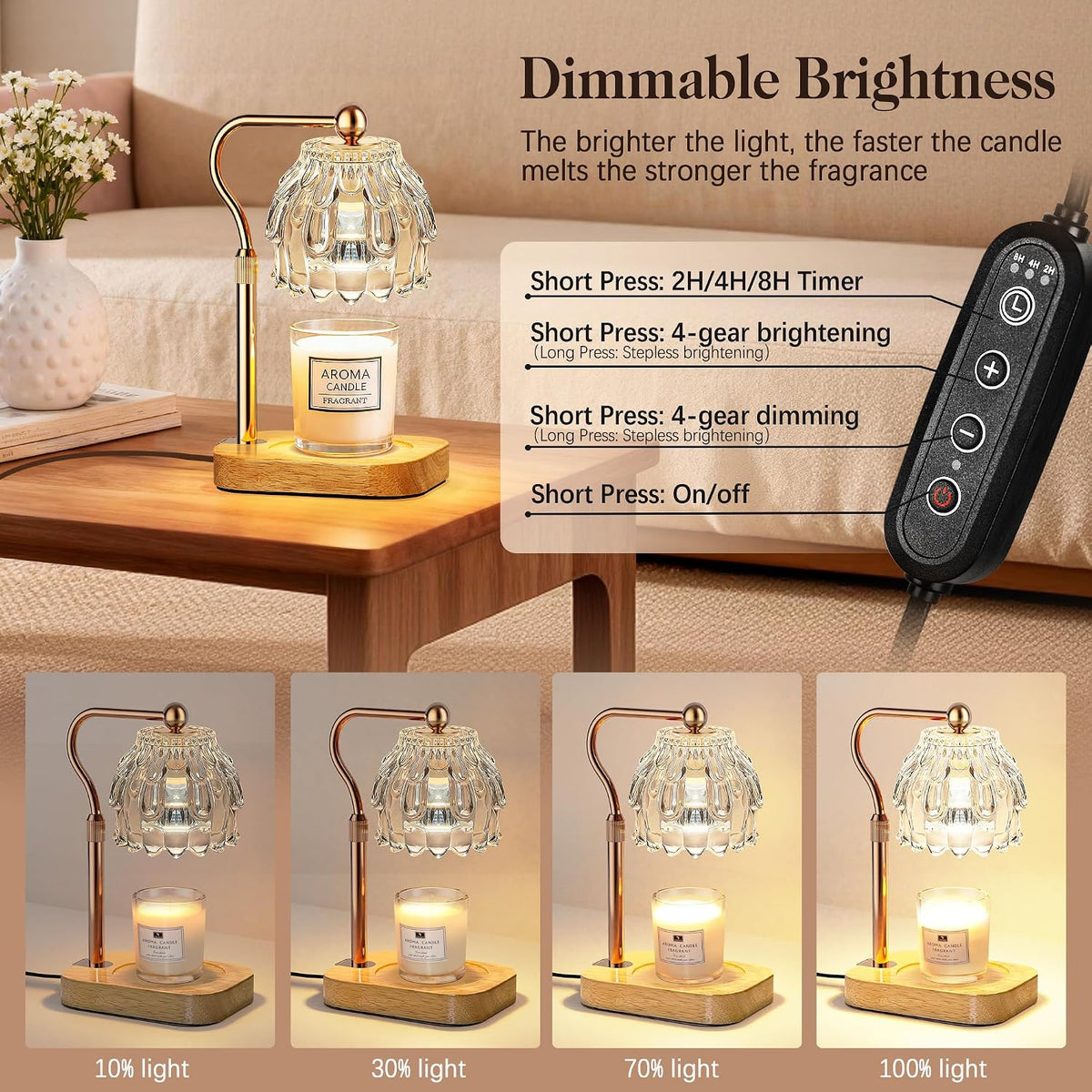 Candle Warmer Lamp with Timer Dimmer, Modern Wax Warmer for Scented Wax Jar Candle Warmer with 2 Bulbs, Adjustable Height Glass Lamp for Gifts for Women, Home Decor, Gold Amber
