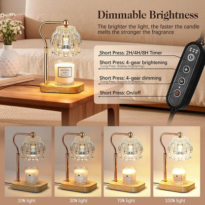 Candle Warmer Lamp with Timer Dimmer, Modern Wax Warmer for Scented Wax Jar Candle Warmer with 2 Bulbs, Adjustable Height Glass Lamp for Gifts for Women, Home Decor, Gold Amber