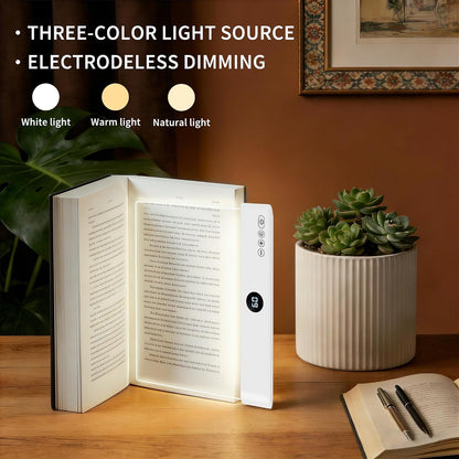 LED Reading Book Page Light - USB Rechargeable Flat Books Night Lamp - Smart Clear Read Booklight Panel - Dimmable Plate with 3 Colors & Timer - Portable Eye Care Reading Light for Bed Time (White)
