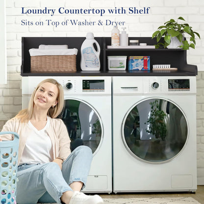 DTK Washer Dryer Wood Countertop with Shelf, Laundry Topper with Non-Slip Mat,27.55" Depth x 54" Width Dryer Covers for The Top with Edge Rails, Black