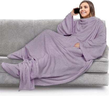 PAVILIA Fleece Blanket with Sleeves, Foot Pockets for Women Men Adults, Plush Wearable Blanket Throw Wrap, Warm Snuggle Blanket Robe, Cozy Gift Ideas Wife Mom, Dark Purple