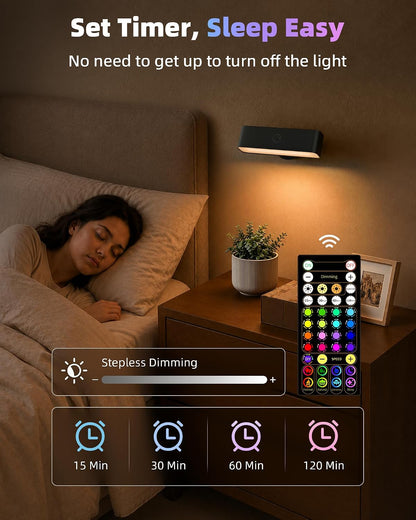 EZVALO Wall Sconces Set of 2, Rechargeable Battery Operated Wall Lights with Remote, RGB Mood Lighting & 3 White Tones, Dimmable Magnetic Wall Lamps for Bedroom, Gaming Room, Living Room Decor