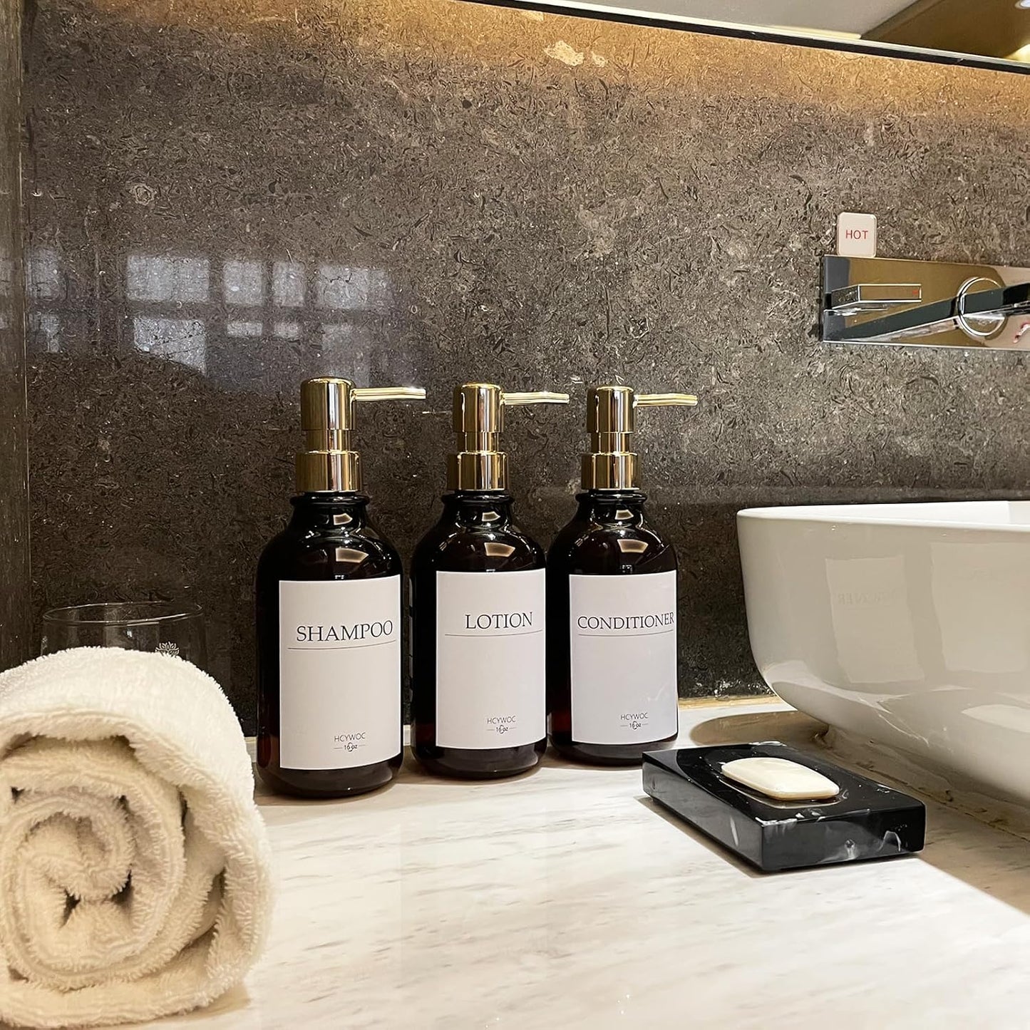 3 Pack Wall Mount Shower Dispenser, No Drill, 16 Waterproof Labels | Shampoo Dispenser for Shower Wall, Shampoo and Conditioner Dispenser, Bathroom, 17oz, Gold Amber
