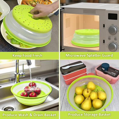 3 in 1 Microwave Splatter Cover 2 Pack Collapsible Food Cover for Food Heat Resistant Microwave Plate & Dish Cover with Handle Vented Silicone Splatter Guard Lid(Green)