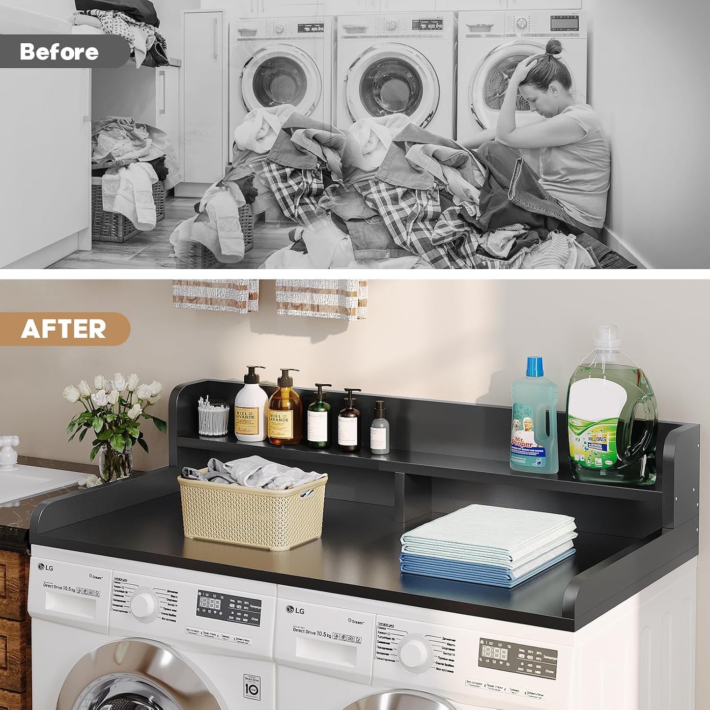 2-Tier Washer Dryer Countertop with 2.75" H Edge Rails, 54" W x 27.55" D Laundry Countertop for Folding Clothes, Washer and Dryer Topper with Non-Slip Pad (Dark Walnut)