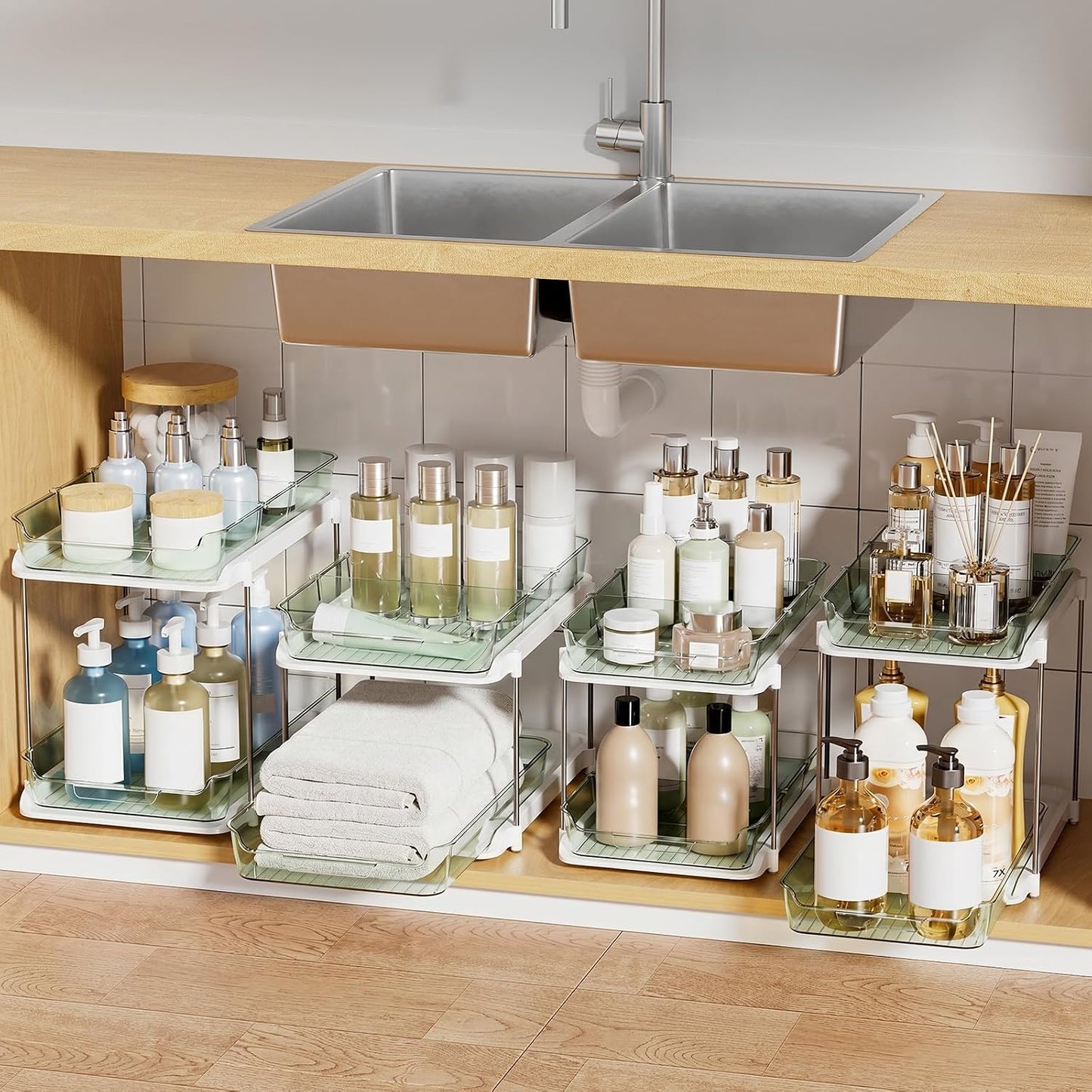 Delamu 2-Tier Multi-Purpose Bathroom Under Sink Organizers and Storage, Stackable Kitchen Pantry Organization, Pull Out Medicine Cabinet Organizer with Movable Dividers, White, 2 Pack