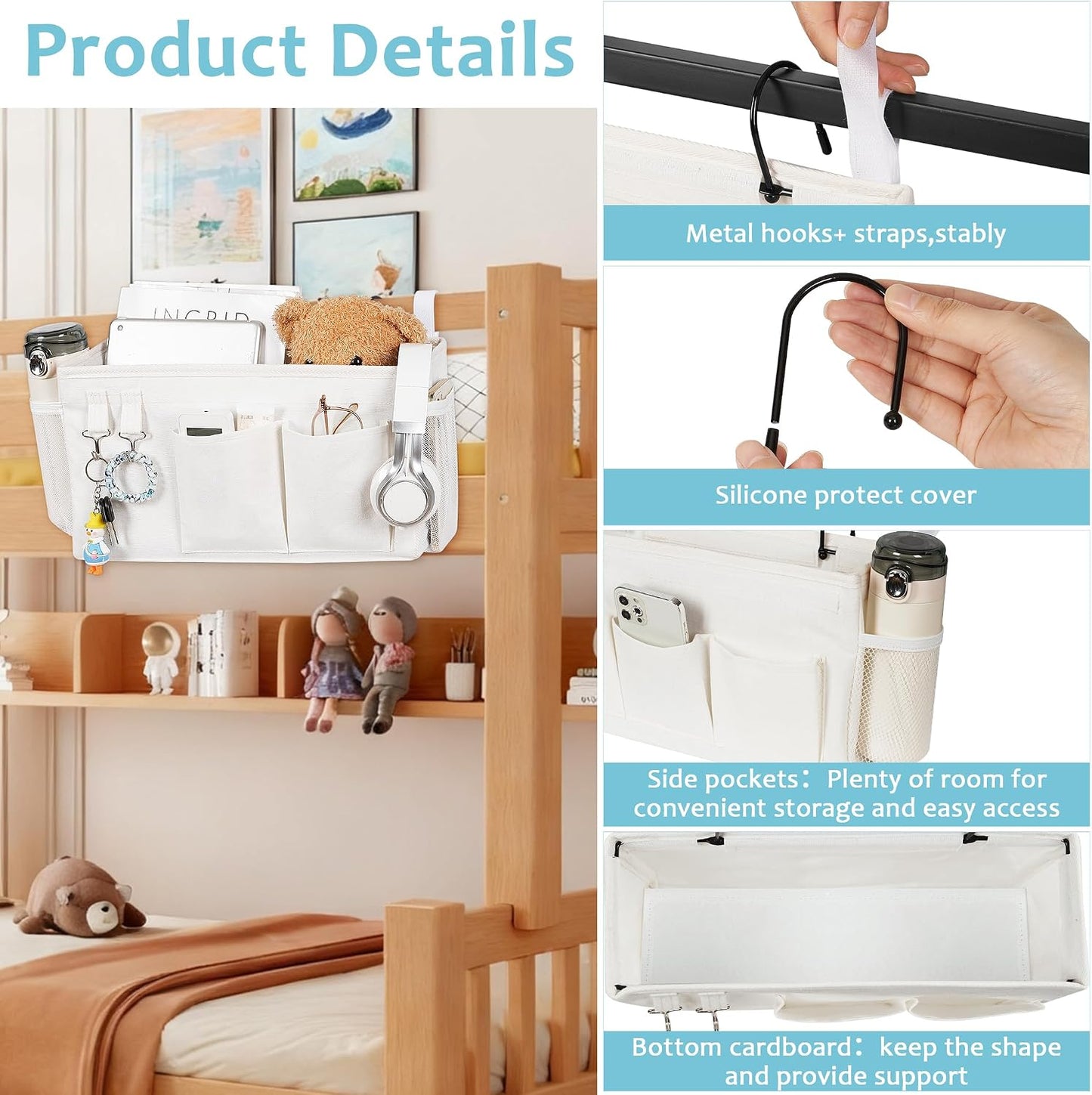 Bedside Caddy, Bedside Storage Bag Hanging Organizer for Bunk Dorm Bed Rail | Bed Caddy with Hooks, Top Bunks and Dorm Essentials for Water, Tissues, Tablets, Books, Phones, Remotes and Other Necessories