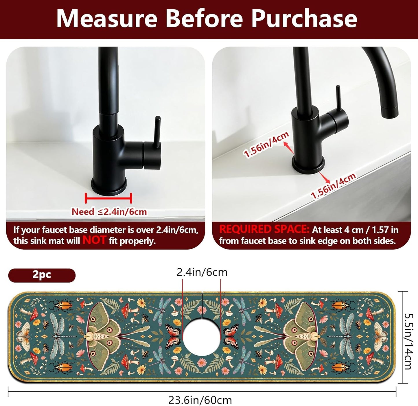 2 Pcs Kitchen Sink Splash Guard Faucet Mat Wood Grain Pattern Faucet Mat for Sinks Natural Wood Color Absorbing Drying Mats for Kitchen Bathroom, 23.6x5.5inch