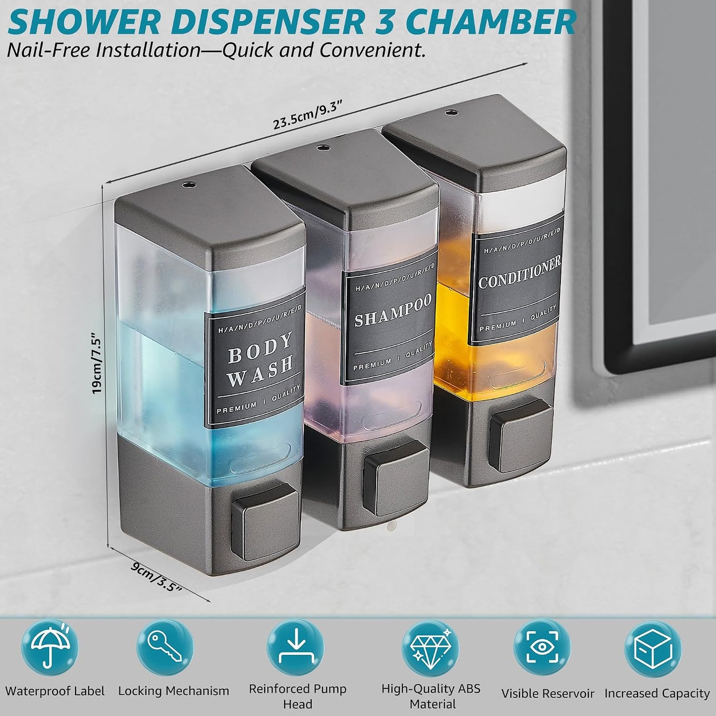 Shampoo and Conditioner Dispenser for Shower, 3 Chamber, Black | Wall Mounted, No Drill, 3×16.9oz, ABS Plastic Material, Refillable With Labels, For Bathroom Hotel