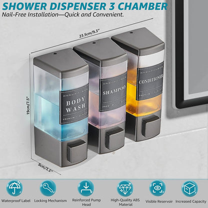 Shampoo and Conditioner Dispenser for Shower, 3 Chamber, Black | Wall Mounted, No Drill, 3×16.9oz, ABS Plastic Material, Refillable With Labels, For Bathroom Hotel