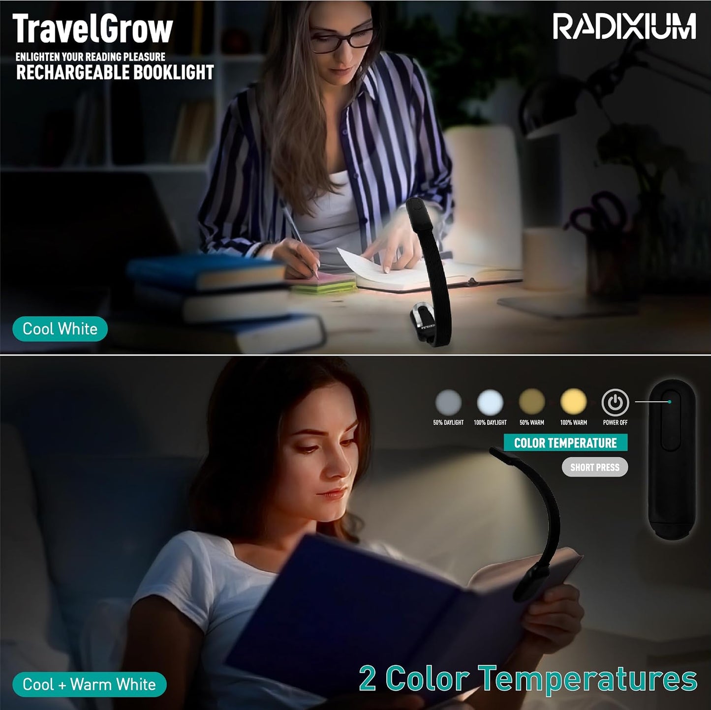 Rechargeable Book Light for Reading in Bed, 4 Color Temperatures Eye-Caring LED, Portable Clip On Reading Light with Magnetic Base, Hands-Free for Travel, Night Reading (Black)