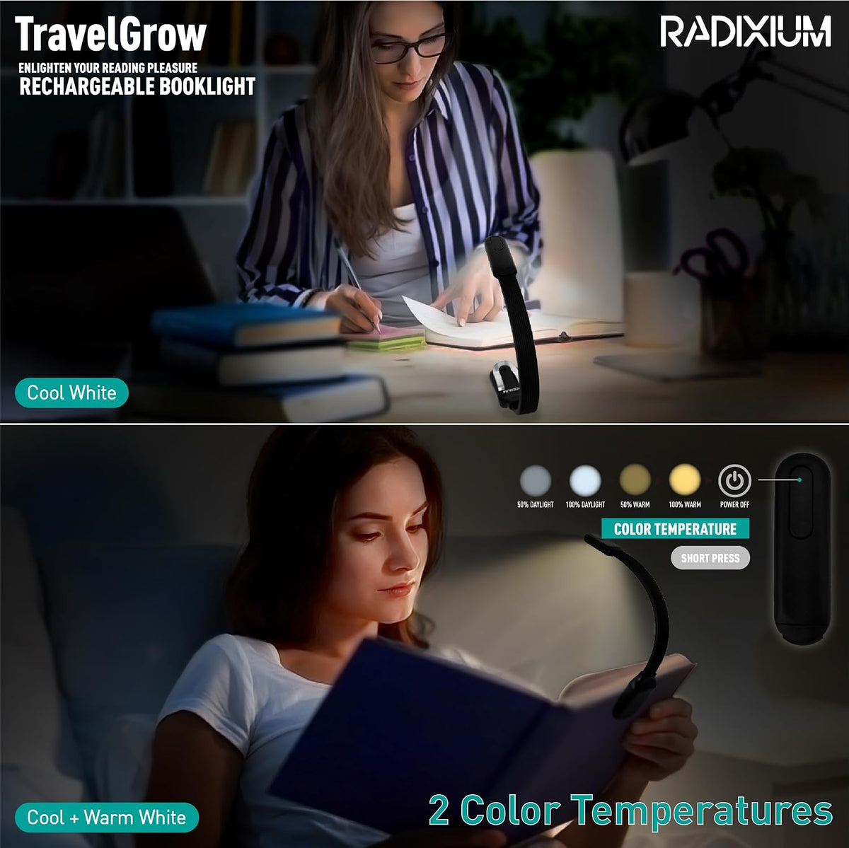 Rechargeable Book Light for Reading in Bed, 4 Color Temperatures Eye-Caring LED, Portable Clip On Reading Light with Magnetic Base, Hands-Free for Travel, Night Reading (Black)