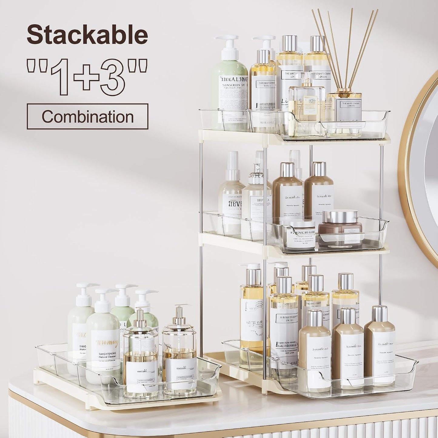 Delamu 2-Tier Multi-Purpose Bathroom Under Sink Organizers and Storage, Stackable Kitchen Pantry Organization, Pull Out Medicine Cabinet Organizer with Movable Dividers, White, 2 Pack