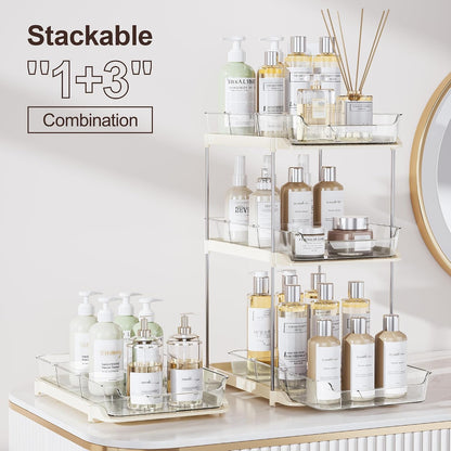 Delamu 2-Tier Multi-Purpose Bathroom Under Sink Organizers and Storage, Stackable Kitchen Pantry Organization, Pull Out Medicine Cabinet Organizer with Movable Dividers, White, 2 Pack