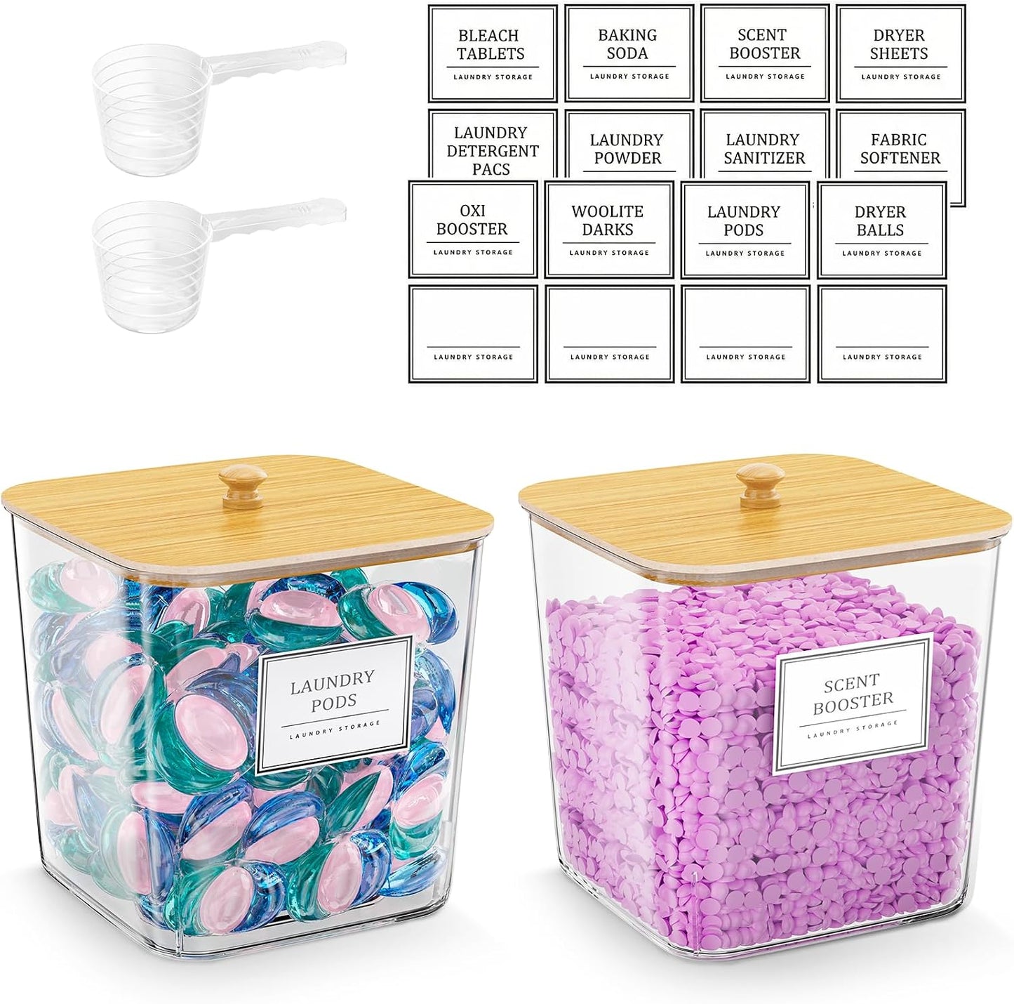 HomePekite Laundry Pods Storage Container, Clear Laundry Room Organization and Storage ,Detergent Powder Container,with Wooden Lids & Labels, 3+1 Pack