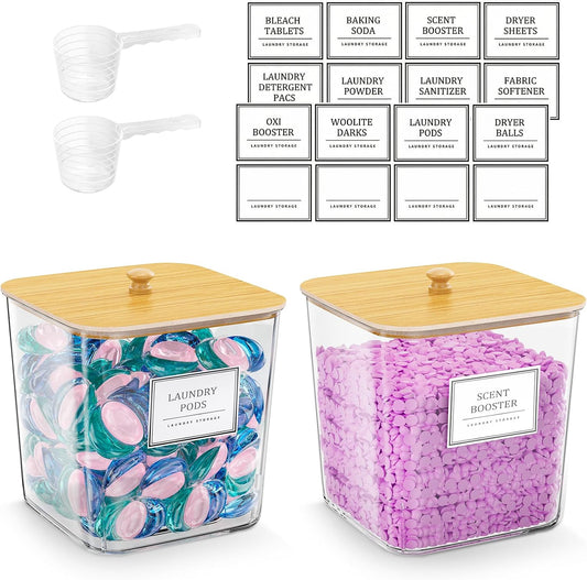 HomePekite Laundry Pods Storage Container, Clear Laundry Room Organization and Storage ,Detergent Powder Container,with Wooden Lids & Labels, 3+1 Pack