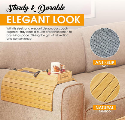 Bamboo Couch Cup Holder, 2 Cork Coasters, Anti-Slip Foldable Couch Arm Tray | 2 in 1 Foldable Sofa Arm Tray, Couch Armrest Table, Anti-Spill Couch Arm Table for Drinks TV Remote Cellphone Snacks