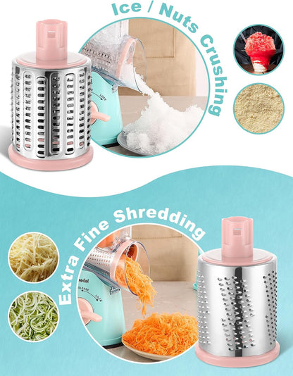 Geedel Rotary Cheese Grater, Kitchen Mandoline Vegetable Slicer with 3 Interchangeable Blades, Easy to Clean Rotary Grater Slicer for Fruit, Vegetables, Nuts | 3 Blades, 430 Stainless Steel, 12x Fast Cutting, Strong Suction Base, No BPA, Dishwasher Safe,