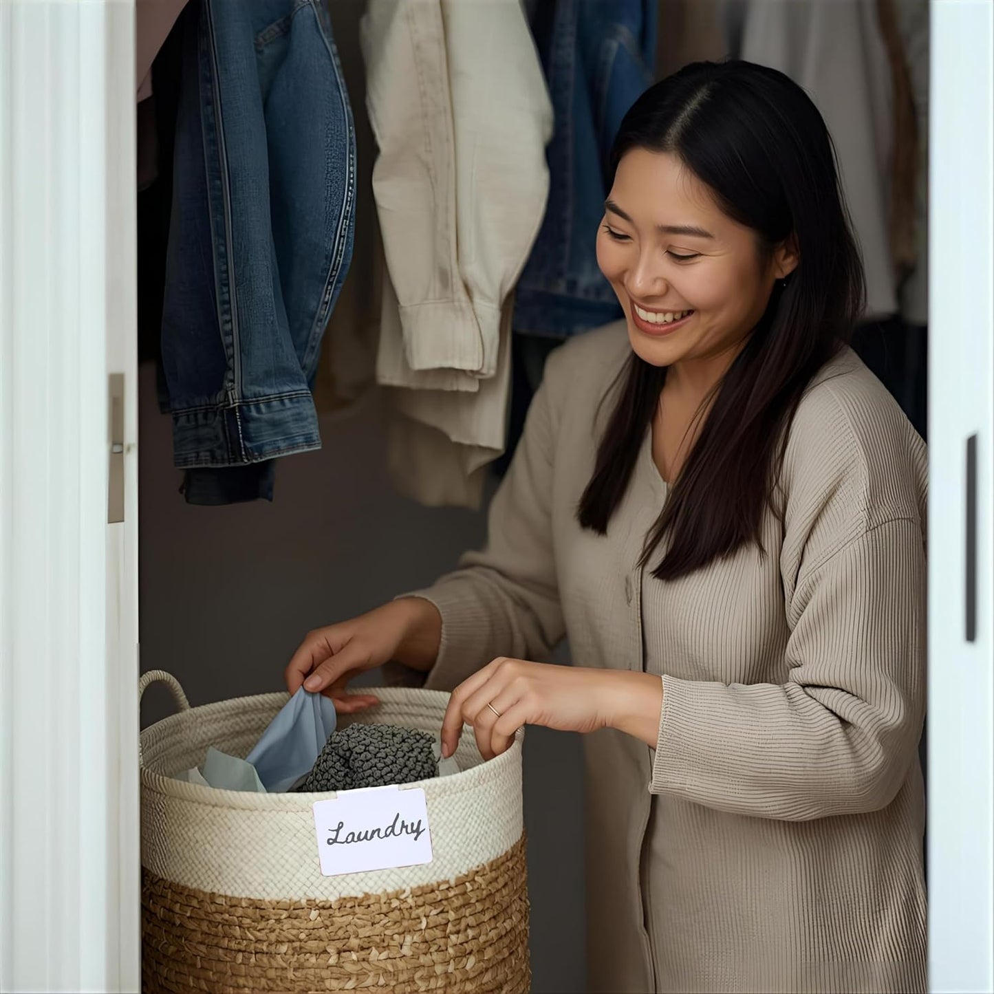 Hygge & Sage: Metal Non-Slip Basket Labels Clip On for Storage Bins, or Wire Racks | Includes 8 Labels, 8 Non-Slip Pads, and 1 Free Marker (Cream)