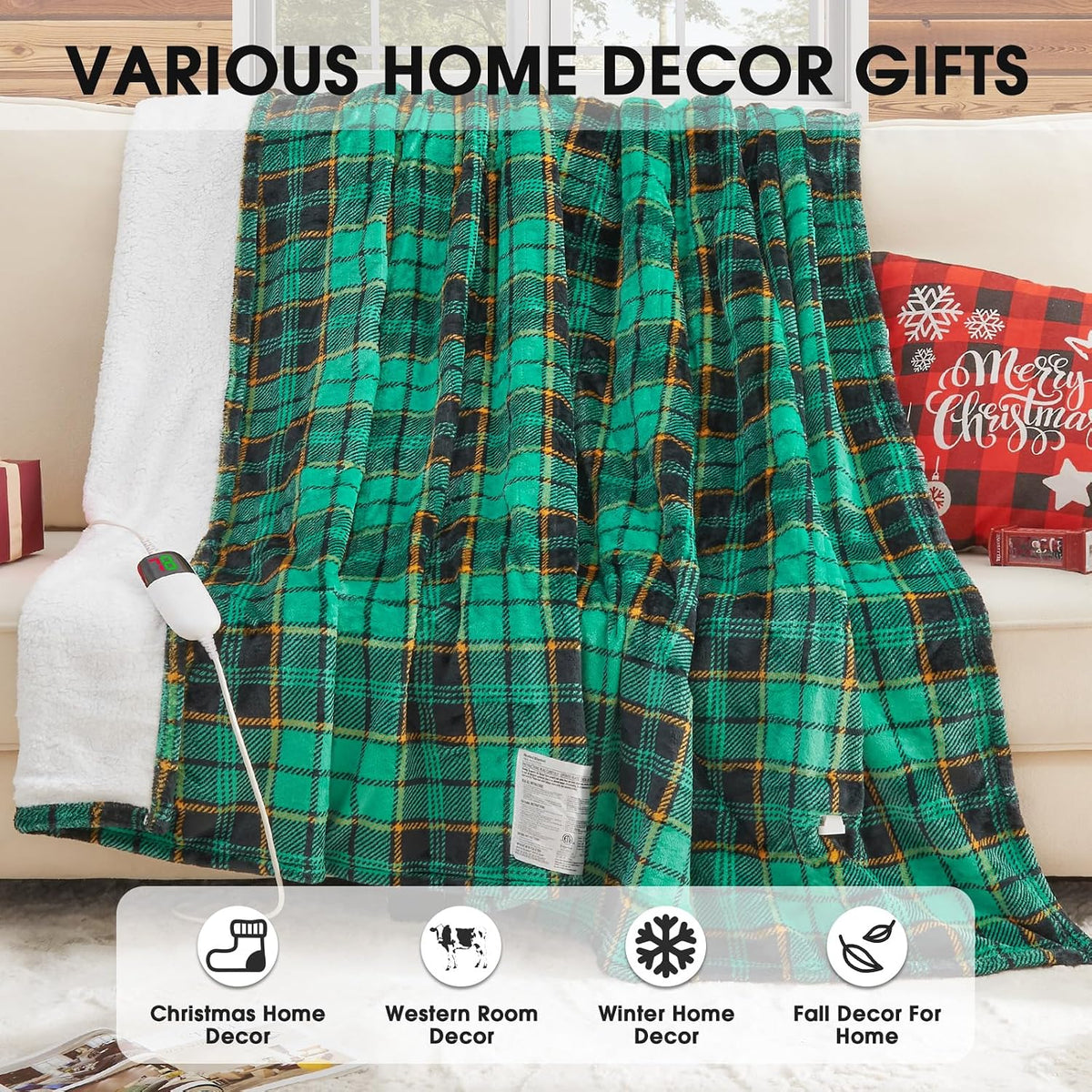 Heated Blanket Electric Throw 50X60 Heating Blanket with 10 Heating Levels 8 Hours Auto Off, Blue Plaid Sherpa Blankets Winter Warmer, Home Decor for Couch Bed Office,Gifts for Mom, Women,Washable