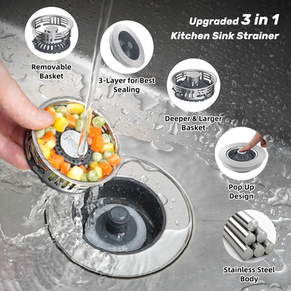Hibbent 3 in 1 Kitchen Sink Drain Strainer, Metal Pop Up Stopper | Larger Anti-Clogging Basket, 3-Layer Seal, Detachable Sink Drain Plug for US Standard 3-1/2" Drain, Brushed Stainless Steel